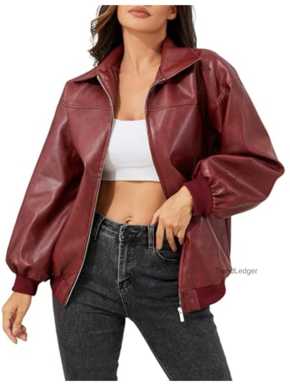 Faux Leather Jacket Women Vintage Washed Oversized Moto Biker Bomber Coat with